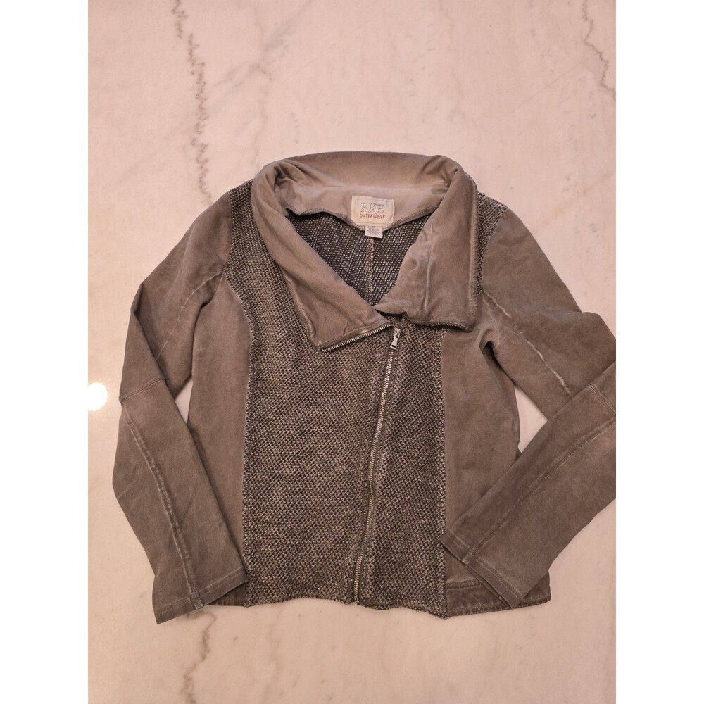 BKE Outerwear Womens Brown Mixed Media Moto Jacket Cotton Knit Sz Medium Stretch